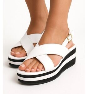Women's White Black Platform Wedge Sandals  8 Slingback Summer Shoes NIB Lq